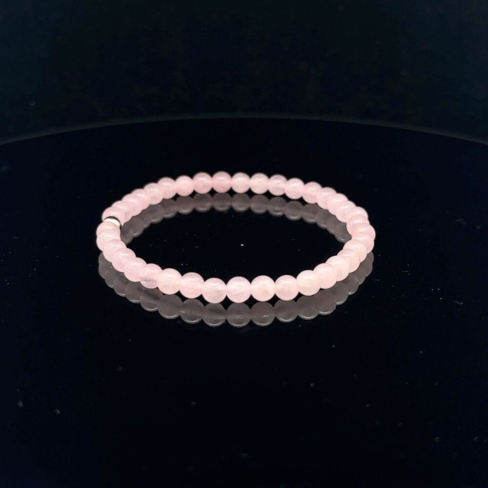 Gemstone Rose Quartz Mini 4mm Stretchable Bracelet 14k Yellow Gold Polished Bead - Picture 3 of 6